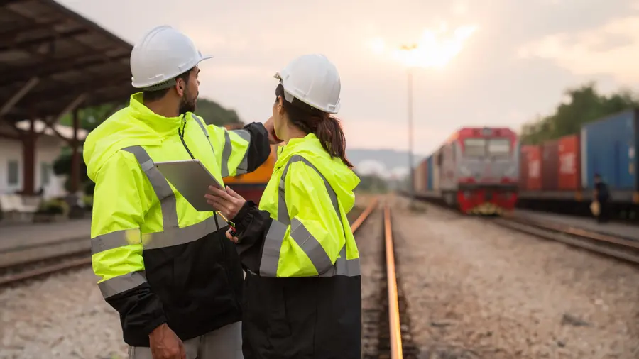 Deux agents en tenue haute visibilité et casque analysant une intervention sur les voies ferrées